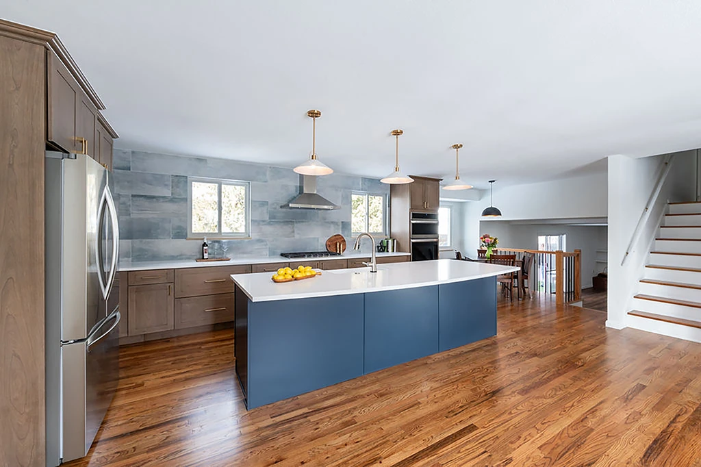 View of the new kitchen, showing the new hardwood floors and paint
